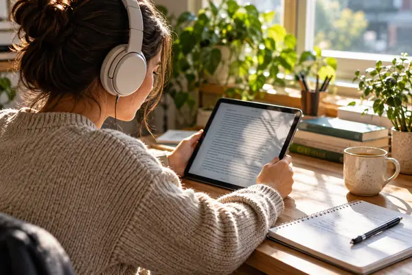 A reader using headphones and a tablet at a bright desk while studying