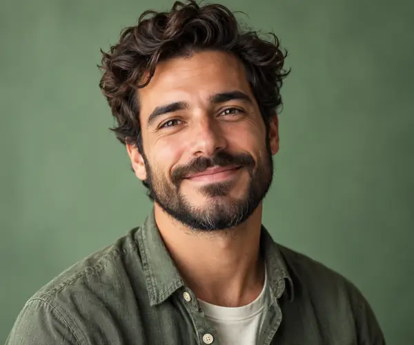 A friendly bearded Spanish male voice portrait against a muted green background