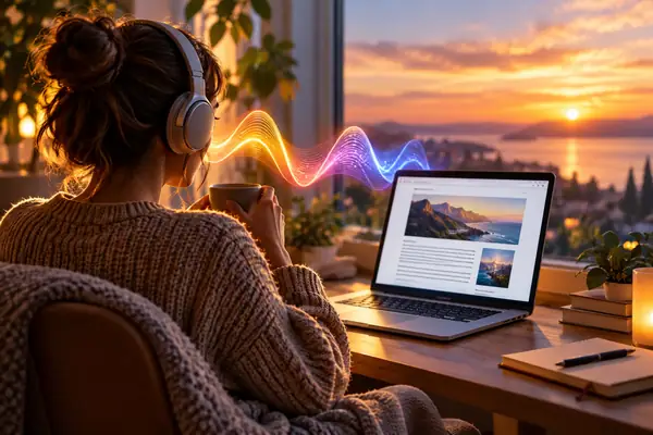 A colorful browser extension card representing listening to webpages in Chrome