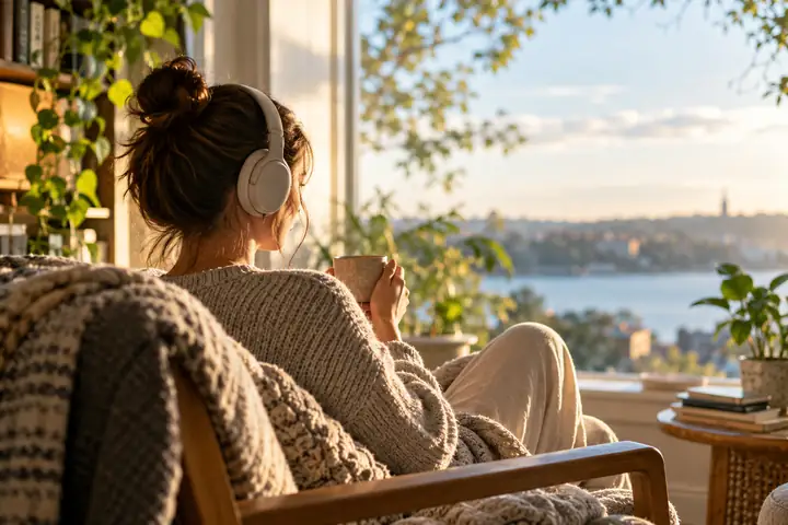 A relaxed reader listening to an article beside a bright window