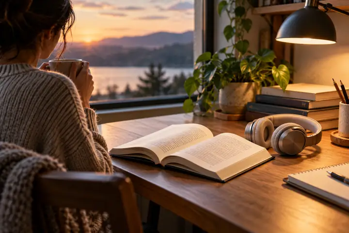 An open digital book and headphones on a tidy study desk