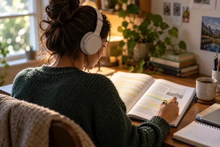 A student reviewing highlighted notes while listening through headphones