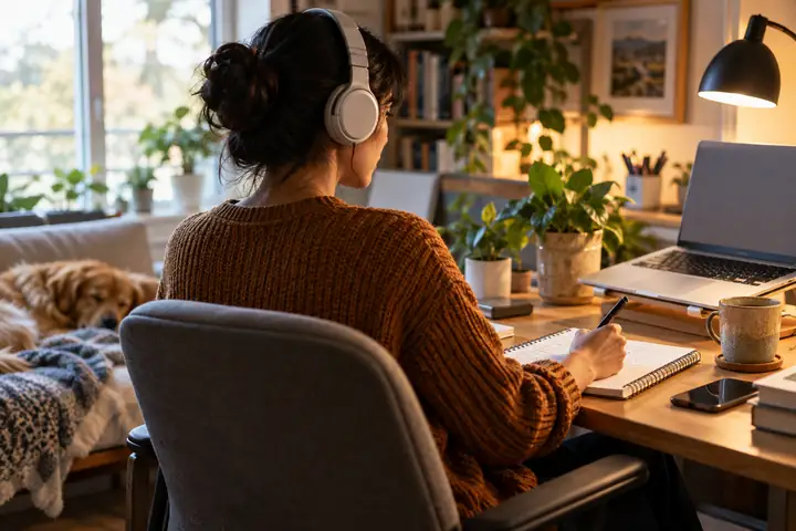 A multitasking professional listening to a webpage at a home workspace