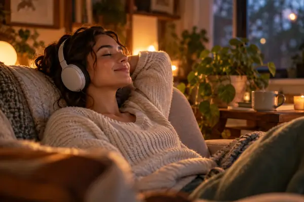 A woman resting comfortably while listening to text-to-speech in a softly lit room