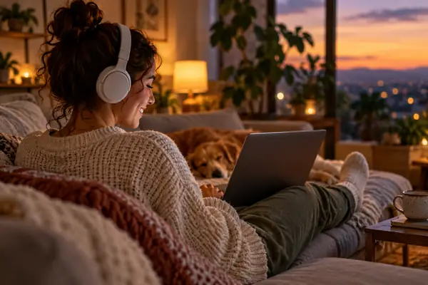 A woman listening to content on a laptop while relaxing at home