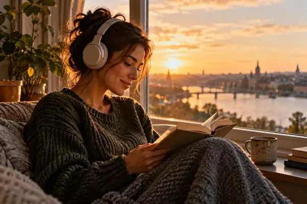 A thoughtful listener wearing headphones while reading beside a window