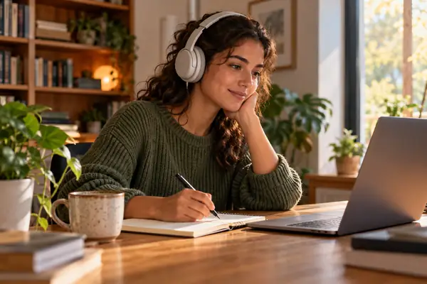 A focused professional listening to audio while working at a wooden desk