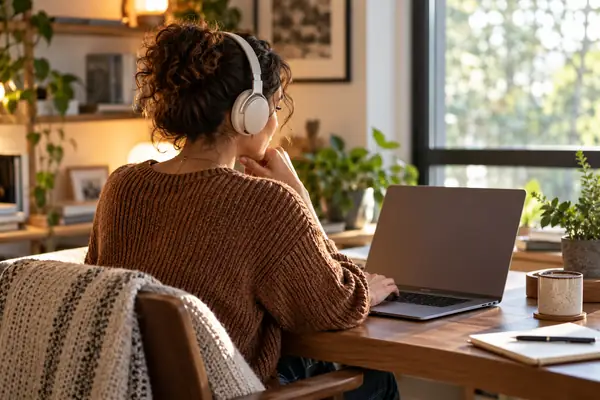 A woman customizing her listening experience on a laptop in a quiet workspace