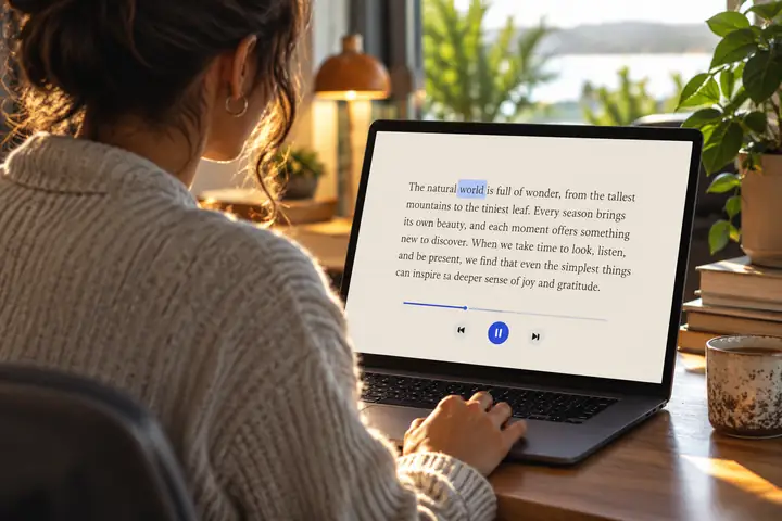 A clean browser text-to-speech interface with highlighted words and simple playback controls