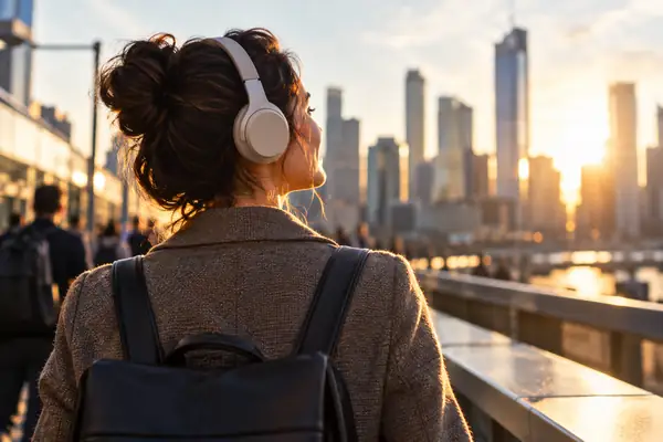 A young professional listening to educational content while commuting outdoors