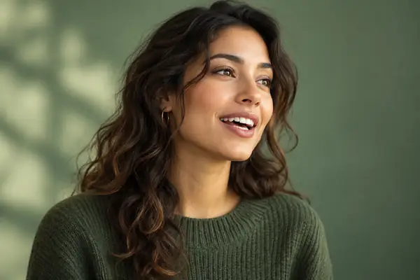 A warm multilingual female voice portrait against a muted green background