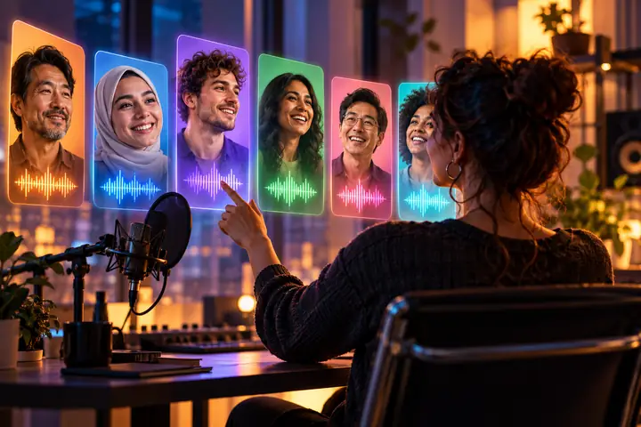 A voice selection interface displaying natural-sounding multilingual speakers in a vibrant audio workspace