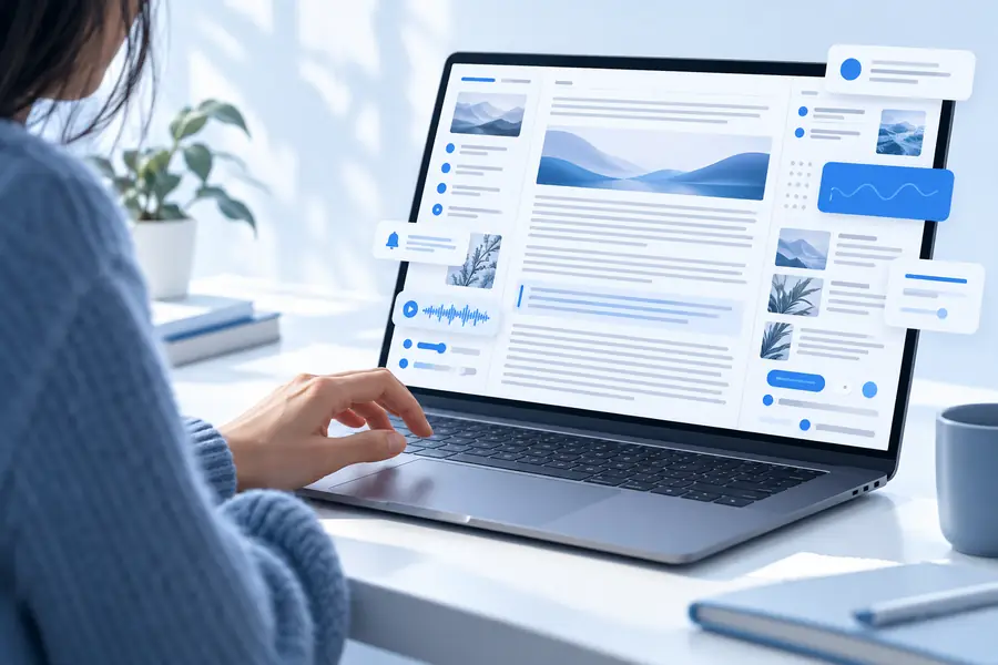 Busy webpage with distracting text and controls around an article